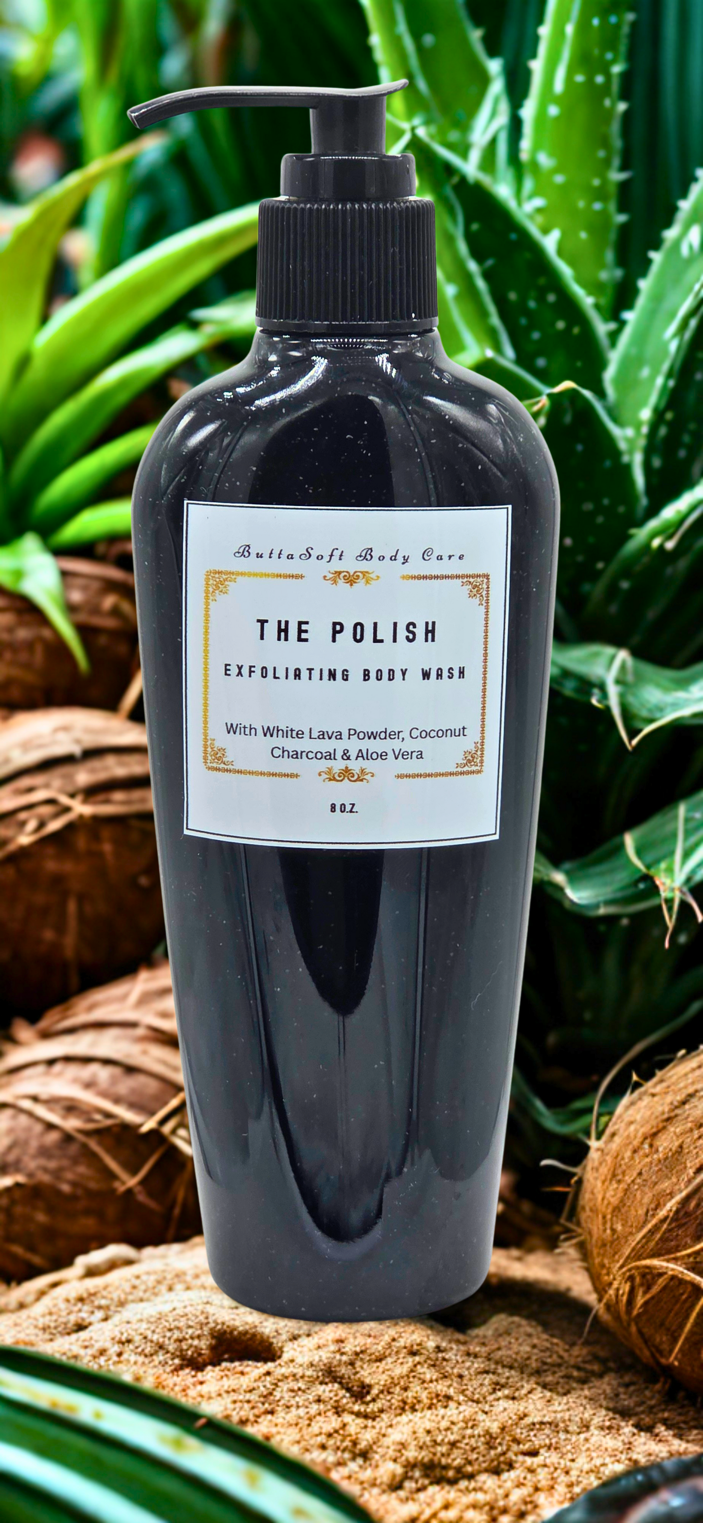 NEW! The Polish - Exfoliating Body Wash with White Lava Powder, Coconut Charcoal & Aloe Vera