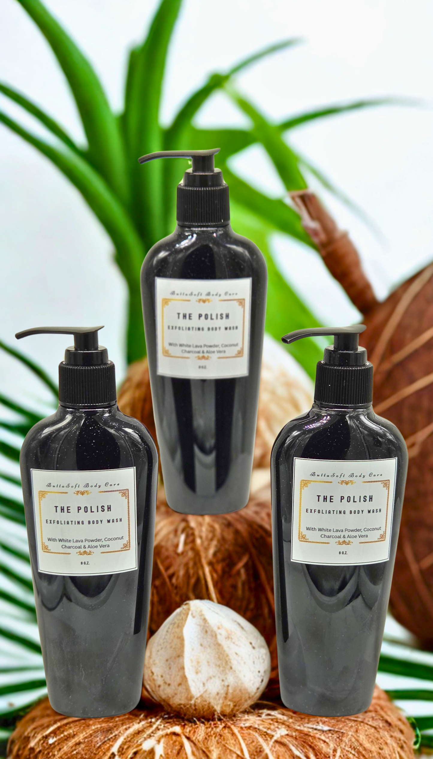 NEW! The Polish - Exfoliating Body Wash with White Lava Powder, Coconut Charcoal & Aloe Vera