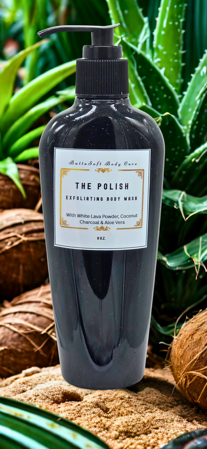 NEW! The Polish - Exfoliating Body Wash with White Lava Powder, Coconut Charcoal & Aloe Vera
